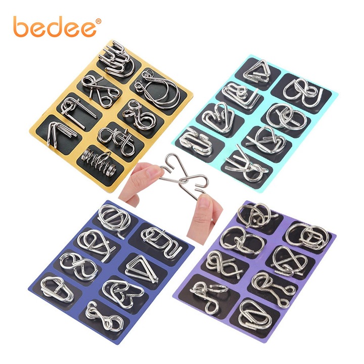 Set de 24 Puzzle-uri Metalice, Bedee, Provocare Intelectuala, Compact si usor, ajuta la dezvoltarea dexteritatii manuale si a gandirii creative, fiind potrivit pentru adulti sau adolescenti care desfasoara frecvent activitati manuale, Argintiu