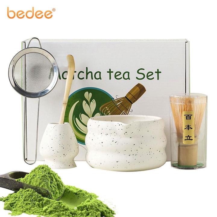 Комплект за чай матча от 5 части, Bedee, керамична купа, бамбукова бъркалка, керамична поставка за бъркалка, лъжица, цедка от неръждаема стомана, цедка, декорация за кухня, подарък за любителите на чай, бял