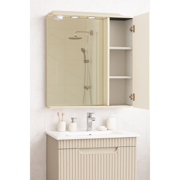 Oglinda cu dulap si iluminare LED Badenmob, MDF, Crem, 60x71x14cm