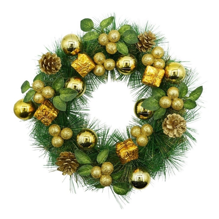 Coronită de Crăciun Avaleea, Verde/Auriu, 35cm, PVC, Decorată, Interior/Exterior