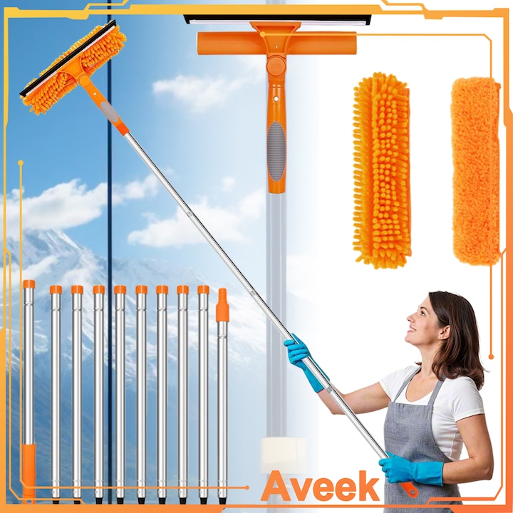 Stergator de geamuri telescopic multifunctional, Aveek, 2 in 1, aveta Microfibra si Chenille, Design Ergonomic, Usor de Utilizat, Rotativ la 180°, Maner telescopic reglabil pana la 3.85 m, pentru geamuri, gresie, faianta sau podea, Portocaliu