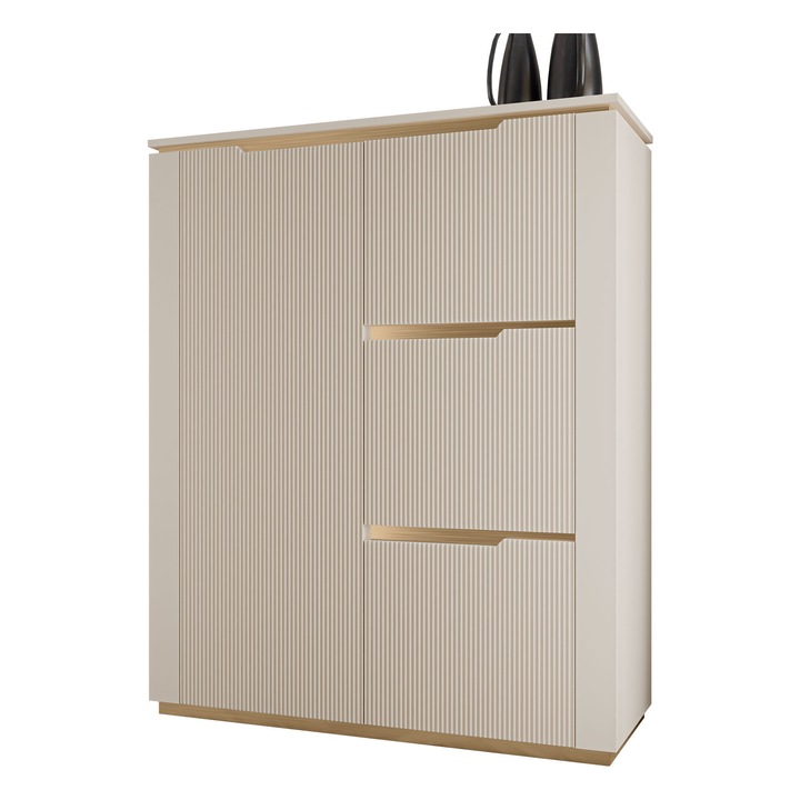 Comoda living Frimgo 4D, MIRJAN 24, bej nisip + auriu, 40x106x131 cm
