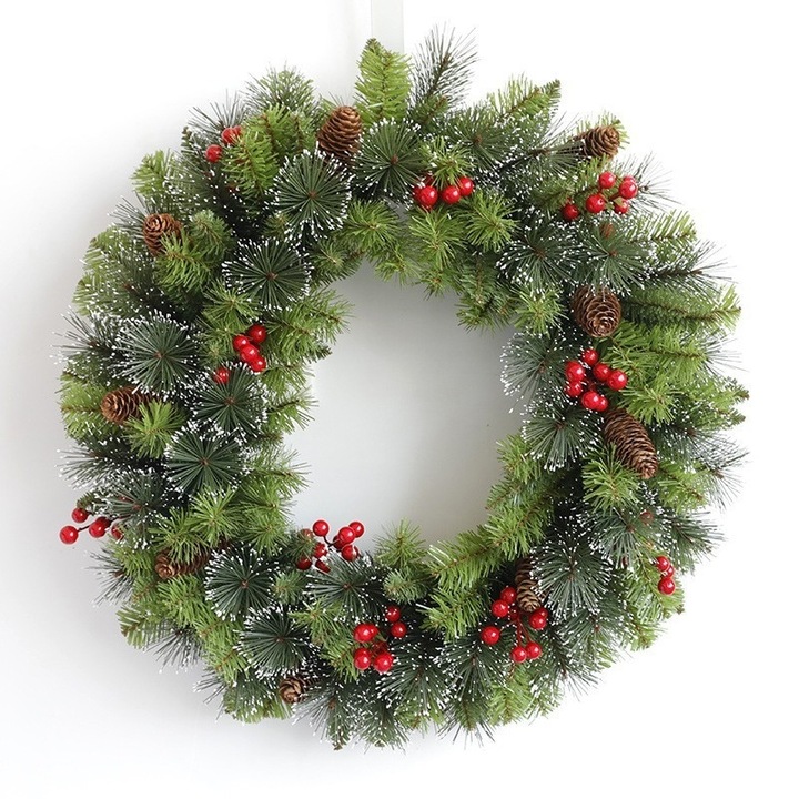 Karácsonyi koszorú, 60 cm, műfenyőből, tobozokkal és bogyókkal díszítve, zöld