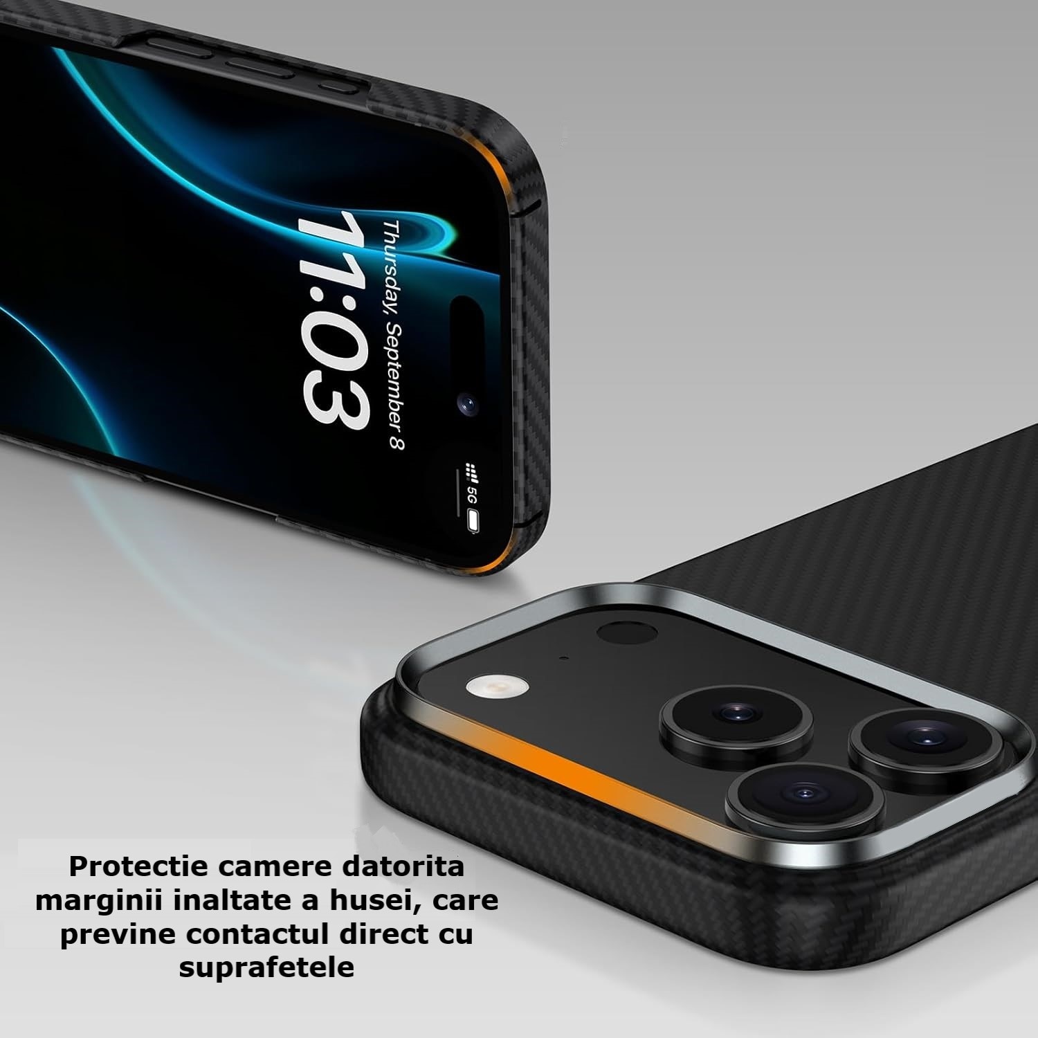 Husa protectie din Kevlar compatibila cu iPhone 17 Pro, din Fibra de Carbon, Aramida, ultra slim, ultra rezistenta, protectie camera, compatibila cu incarcare magnetica, Negru, ISAG