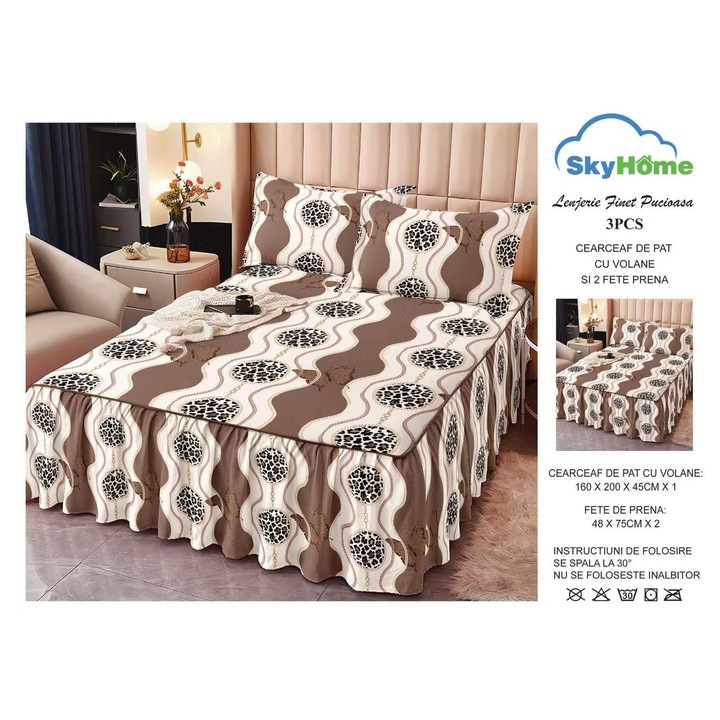 Set Lenjerie de Pat Bumbac Premium Finet Maro 160x200cm cu Volanase, 2 Fete de Perna 48x75cm
