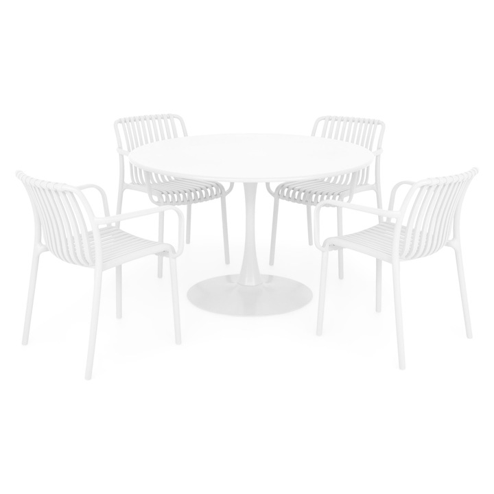 Set mobilier gradină Maison Mex, otel/polipropilena, 4 scaune și masă, alb, 73.5x120cm/57x52x79.5cm