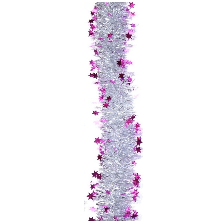 Beteala de Craciun cu LED Avaleea, 2m x 5cm, mov/argintiu, model stelute, artificiala