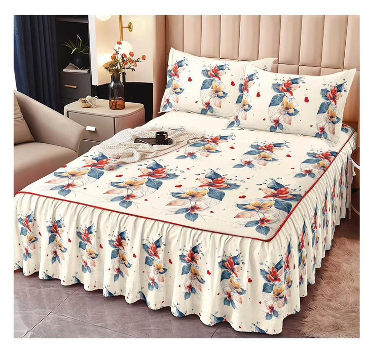 Set Lenjerie de Pat Bumbac Premium Finet cu Volanase, Alb Crem, 3 Piese, 160x200cm, cu 2 Fete de Perna