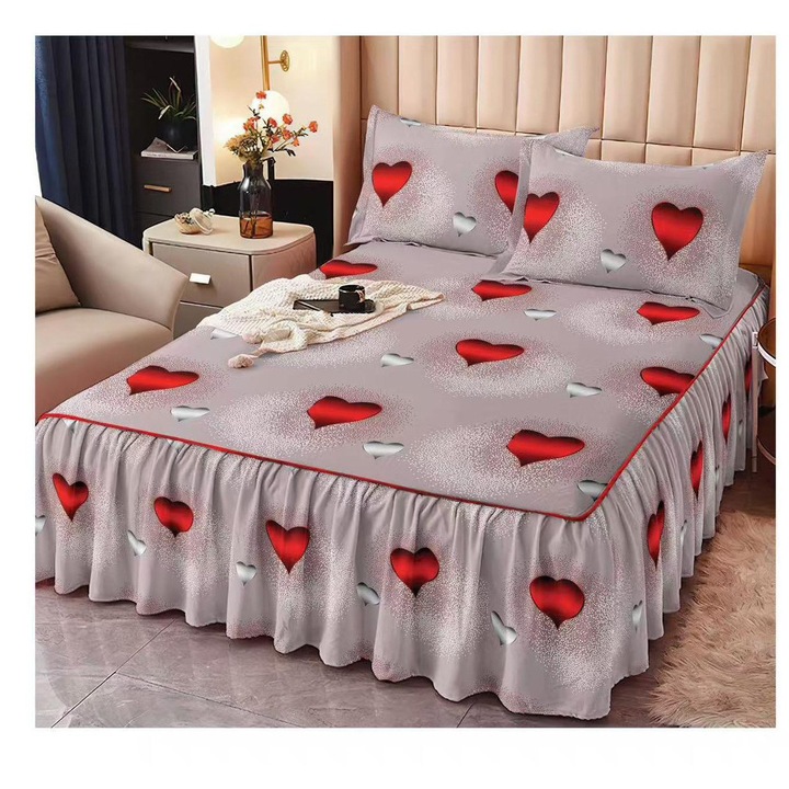 Set Lenjerie de Pat Bumbac Premium Finet cu Volanase, Gri, 3 Piese, 160x200cm, sky home