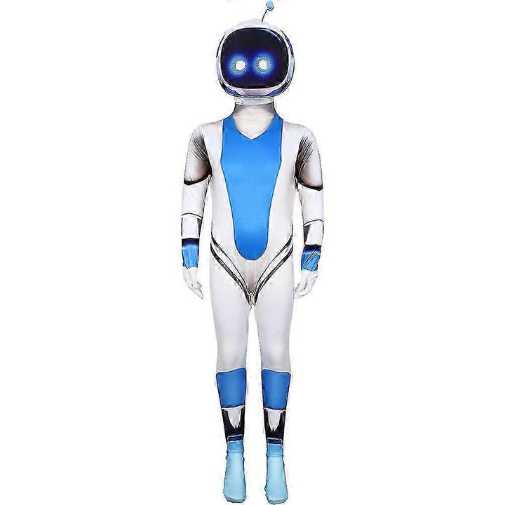 Costum Jumpsuit Astro Bot cu Masca, Alb si Albastru, Set pentru Copii