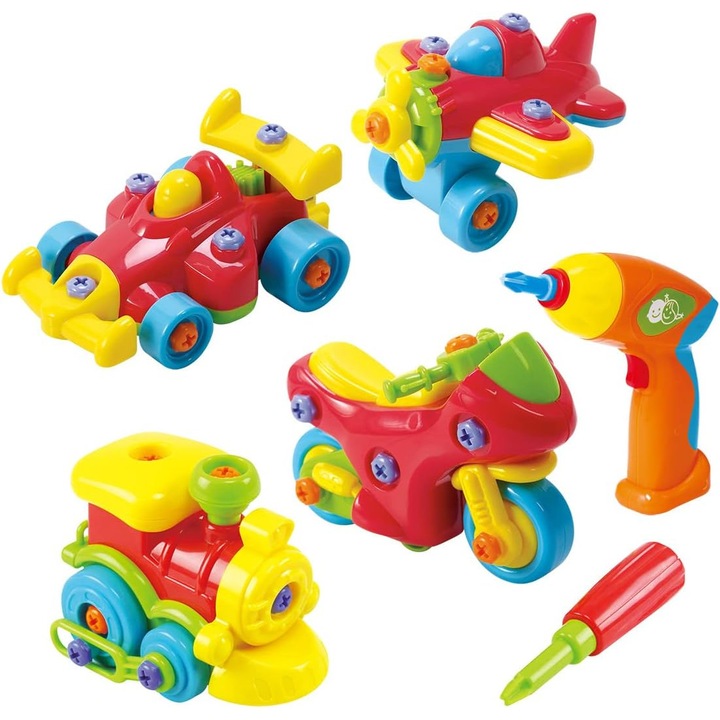 Set de asamblat masini cu surubelnita pentru baieti - Jucarie de dezmembrat si asamblat, Dezvolta imaginatia si abilitatile motorii pentru copii 2-5 ani