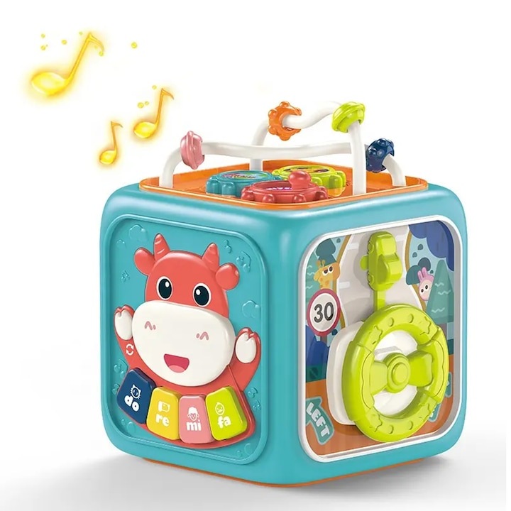 Cub educativ Montessori RQQM, jucarie interactiva cu sunete si lumini, 6 activitati, multicolor
