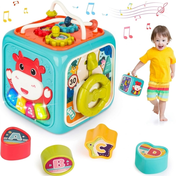 Jucarie Montessori interactiva RQQM® Centru de activitati 6 in 1 pentru bebelusi si copii, Cub educativ cu sunete, Dezvoltare abilitati motorii si senzoriale, Varsta 12 luni - 5 ani, Multicolor