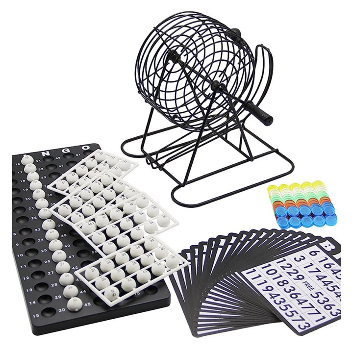 Teljes bingó készlet fém dobbal, számozott golyókkal, kártyákkal és színes zsetonokkal – társasjáték családnak és partikra