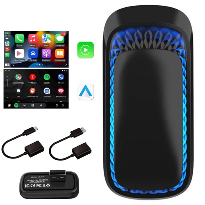 Adaptor Wireless CarPlay & Android Auto 2-in-1, Insotit de adaptor USB si USB-C, Bluetooth si WiFi, Plug and Play, auto connect, Sincronizare rapida, Lampa cu 7 culori, AjieQaQ®, Negru