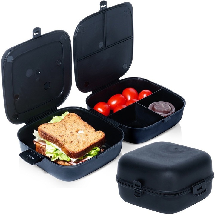 Cutie alimentara Artemis, lunchbox divizat, 2 compartimente, 16x16x9cm, 2x700ml, negru
