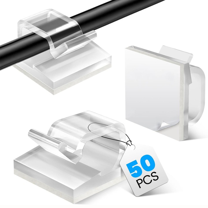 Set de 50 cleme autoadezive pentru cabluri, organizatoare de cabluri, transparente, pentru gestionarea cablurilor acasa si la birou