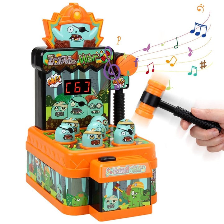joc Whack Mole, mini jucarii electronice interactive pentru ciocanit si batut, idee de cadou pentru copii mici, baieti si fete cu varste cuprinse intre 3 si 8 ani, jucarie distractiva in stil zombie de desene animate