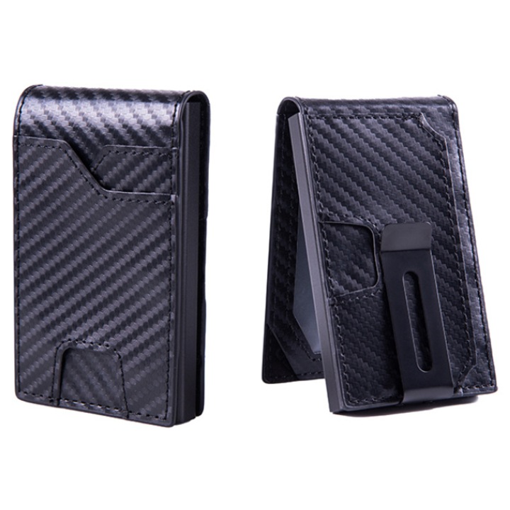 Suport pentru carduri cu ejectare automata laterala, suport pentru carduri de credit antifurt din aliaj de aluminiu RFID, portofel pentru barbati, negru din fibra de carbon