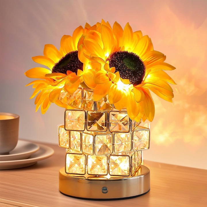 Lampa Decorativa Floarea Soarelui, Lampa de Masa Reincarcabila Fara Fir, Cu Atingere, Lumina de Noapte cu Baterie, Cadou pentru Femei, Mame, Craciun, Zi de Nastere, Ddesign cu cristale, 3 moduri de iluminare