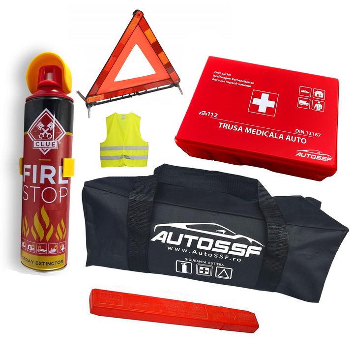 Комплект за безопасност на автомобила с компактна аптечка DIN 13167 + Спрей пожарогасител 1000 ml със стойка + Светлоотразителен триъгълник + Светлоотразителна жилетка + Чанта за транспортиране AutoSSF ®, валидност 5 ГОДИНИ