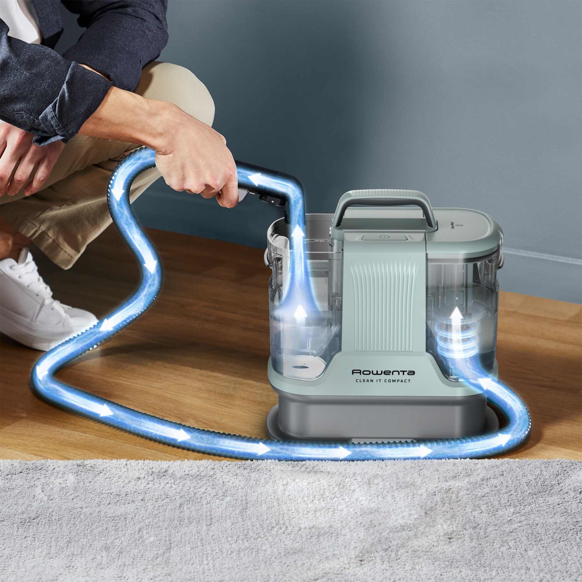 Aspirator cu spalare Rowenta Clean IT Compact IN3020F0, 400 W, functie autocuratare, rezervor apa & detergent 1.4L, rezervor apa murdara 0.85L, accesoriu spatii inguste, detergent inclus, albastru