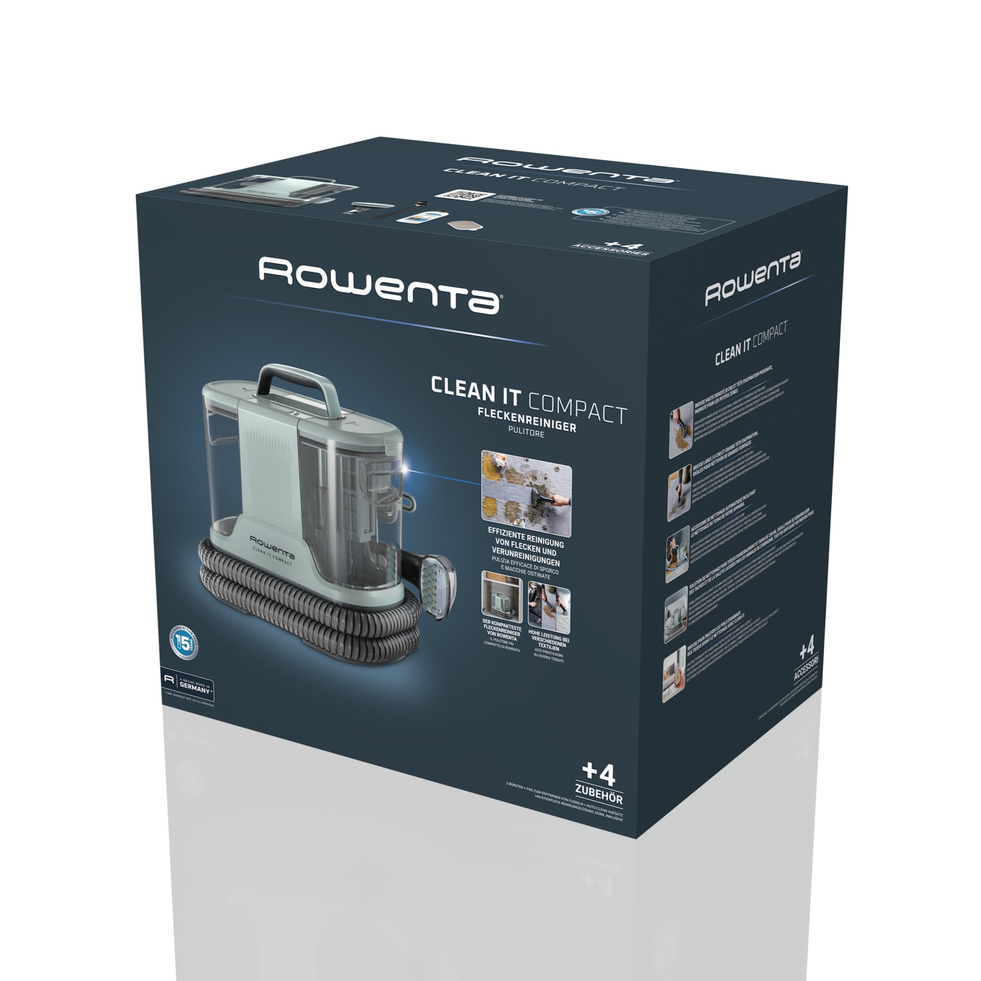 Aspirator cu spalare Rowenta Clean IT Compact IN3020F0, 400 W, functie autocuratare, rezervor apa & detergent 1.4L, rezervor apa murdara 0.85L, accesoriu spatii inguste, detergent inclus, albastru