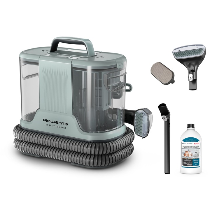 Aspirator cu spalare Rowenta Clean IT Compact IN3020F0, 400 W, functie autocuratare, rezervor apa & detergent 1.4L, rezervor apa murdara 0.85L, accesoriu spatii inguste, detergent inclus, albastru