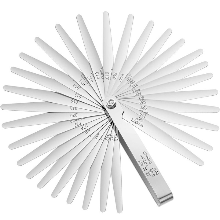 Grosimetru, placi de calibru 32, 0,03–1 mm, clar si usor de citit, durabil, multifunctional, potrivit pentru masurarea latimilor si grosimilor spatiilor, otel inoxidabil, argintiu