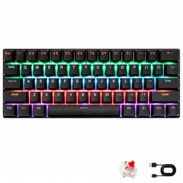 Клавиатура с 61 клавиша, Кабелна ергономична компактна механична, Gaming за лаптоп Mac, PC и Esports, GASKET монтаж, сменяеми (Hot-Swappable) превключватели и капачки за клавиши, RGB подсветка