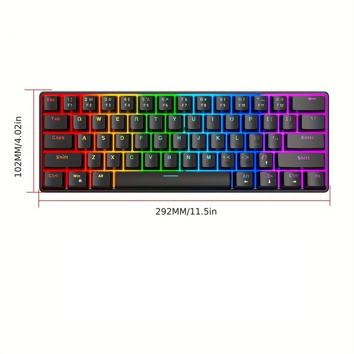 Кабелна ергономична компактна механична клавиатура с 61 клавиша, премиум геймърска клавиатура за лаптоп Mac, PC и Esports, GASKET монтаж, сменяеми (Hot-Swappable) превключватели и капачки на клавиши, RGB подсветка