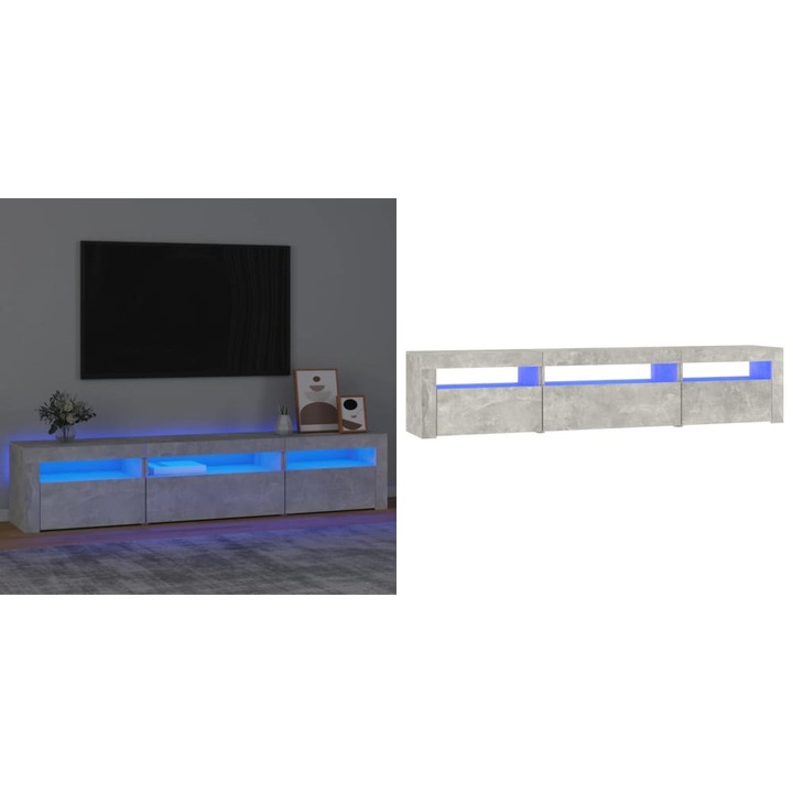 Comoda TV cu lumini LED, gri beton, 195x35x40 cm