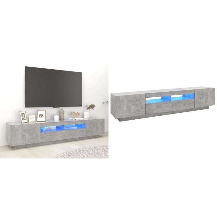 Comoda TV cu lumini LED, gri beton, 200x35x40 cm