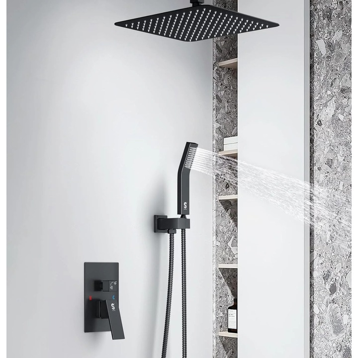 Комплект вграден душ Vivendo®, квадратна пита 25 см, 2 функции за поток вода, сив