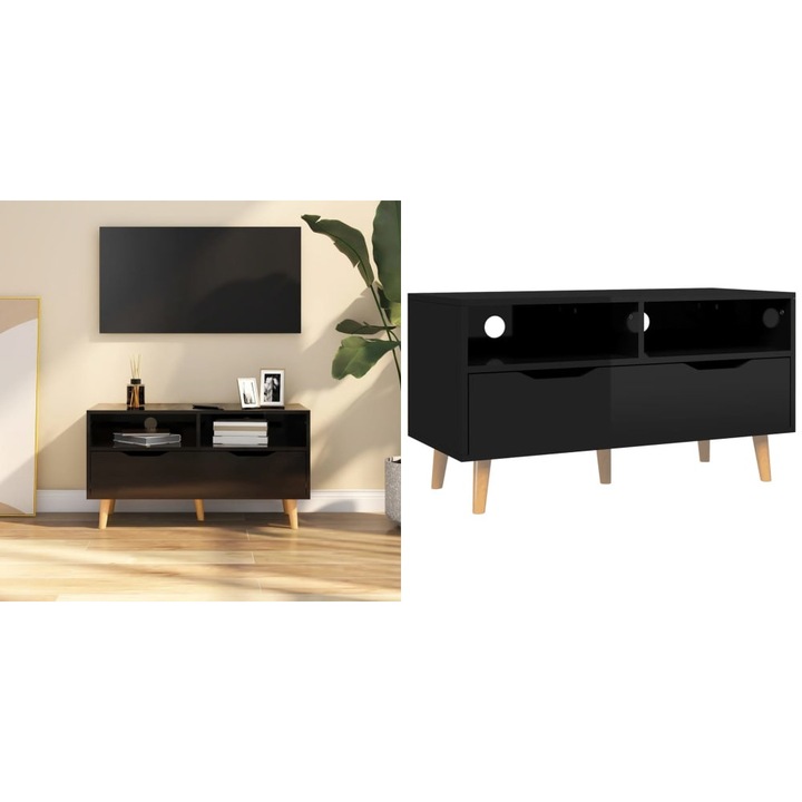 Comoda TV, negru extralucios, 90x40x48, 5 cm, lemn prelucrat