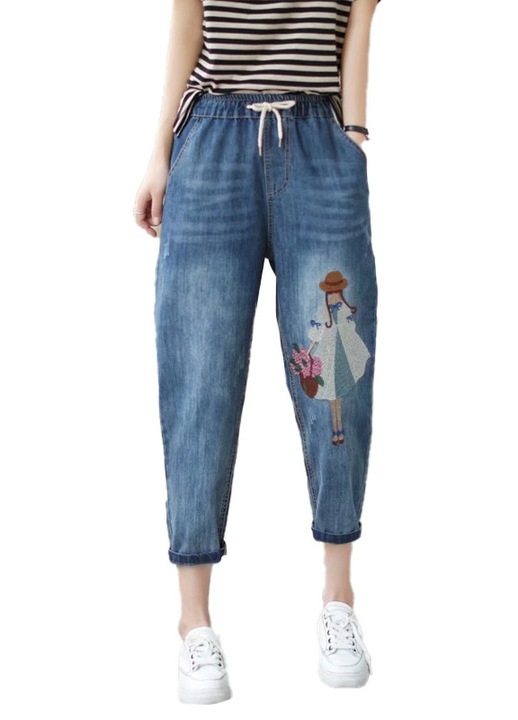 Дънки за жени, оригинален дизайн, цветна бродерия, свободен шнур, син, размер L