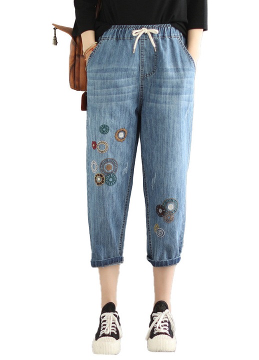 Дамски дънки, изтънкан дизайн, артистична бродерия, висок талия, син, размер 2XL