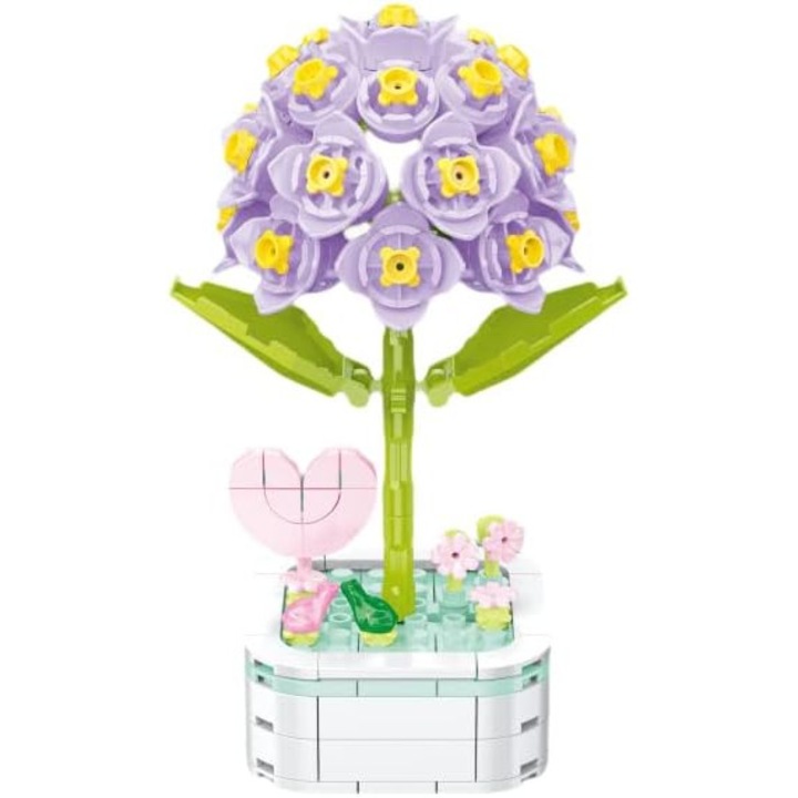Set de constructie buchet cu baza, flori si plante realiste, decor pentru birou si acasa, A5