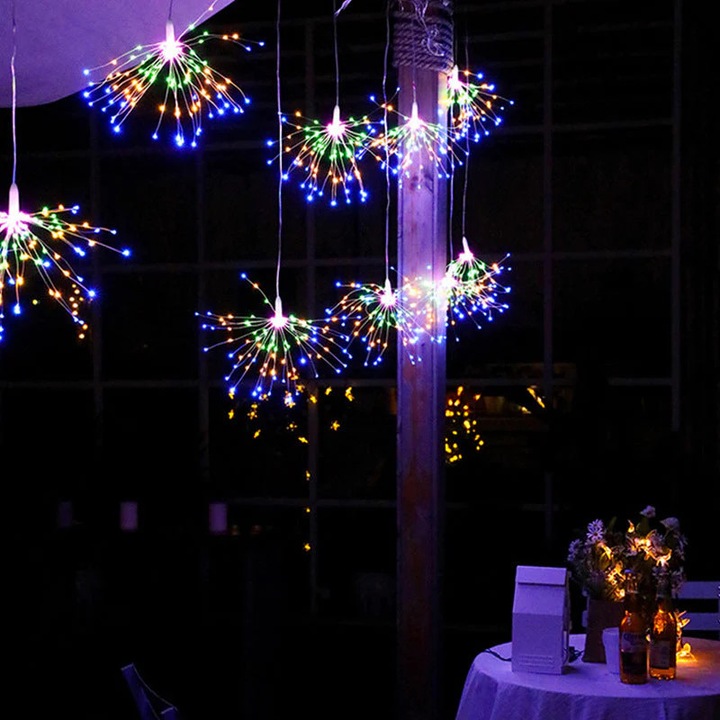 Instalație Crăciun, Vivendo, cu 5 Artificii Decorative, 600 LED-uri, Multicolor, 3.5m x 34cm, pentru Interior și Exterior