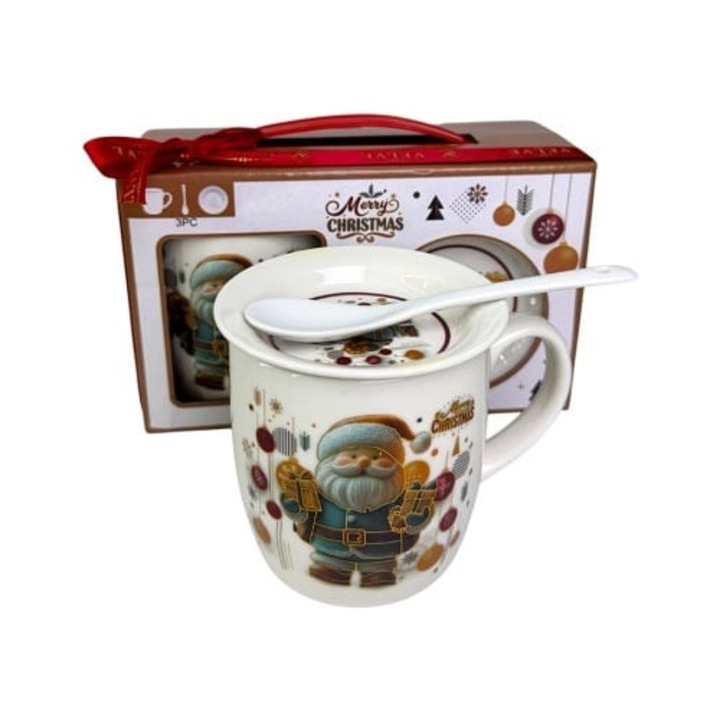 Set cana ceramica, farfurie si lingurita, cu Mos Craciun, ambalata in cutie cadou cu toarta, 200 ml, Velve