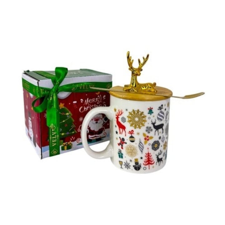 Set cana ceramica cu capac si lingurita, Velve, ren auriu, 250 ml, 15x8cm