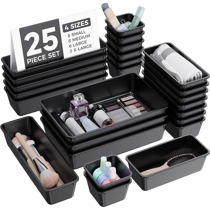 Set 25 Organizatoare Sertare, Excitat, 4 Dimensiuni, Antiderapante, Negru, 20.5x12.3x5cm, 20.2x5.2x5cm, 13x5.2x5cm, 5x5x5cm