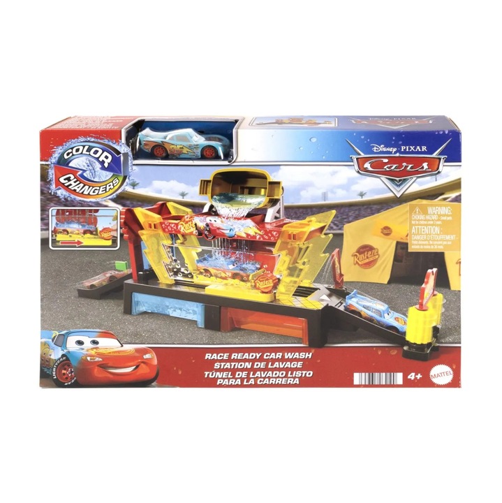 Set de joaca spalatorie auto Mattel Cars cu masinuta Color Changers Fulger McQueen, efecte colorate, multi-zone de distractie