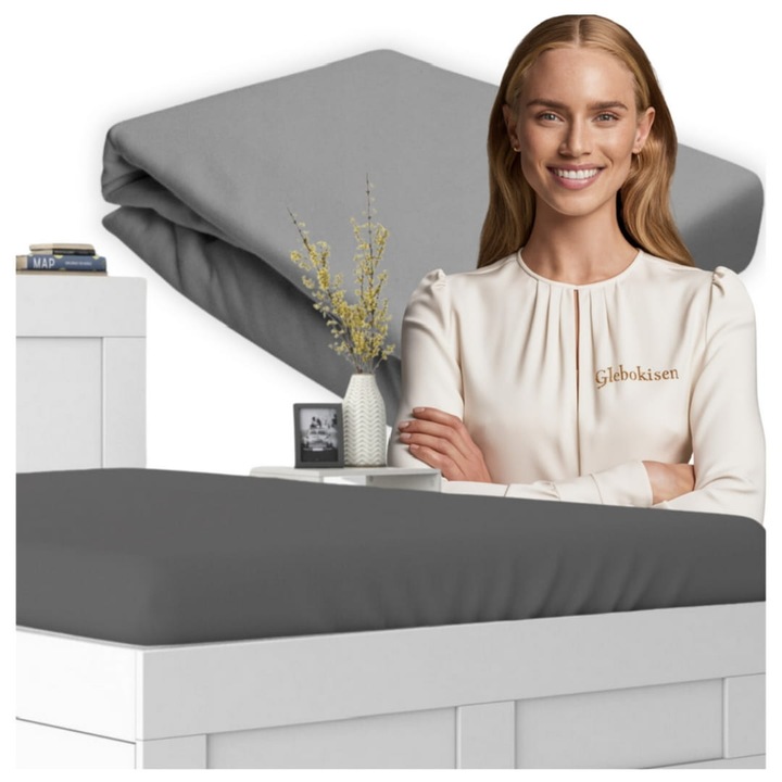 Cearceaf de pat, Jersey, Grafit, 180 x 200 cm, cu elastic, 140 g/m2, 100% bumbac, Oeko-tex standard 100