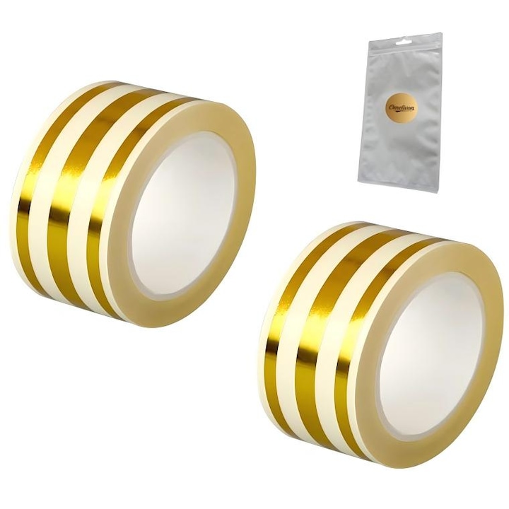 Banda adeziva decorativa, 2 seturi, auriu, PVC, 2.5cm x 50m, autoadeziva pentru podea si pereti