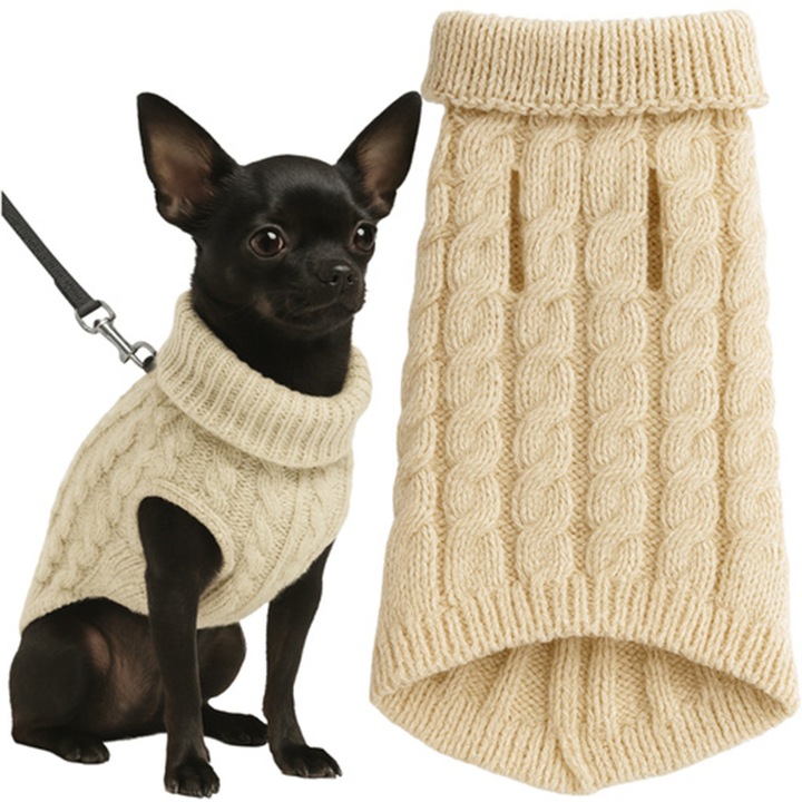 Sweterek pentru caini si pisici, PrzydaSie.pl, bej, marimea S, protectie impotriva frigului, deschidere pentru lesa