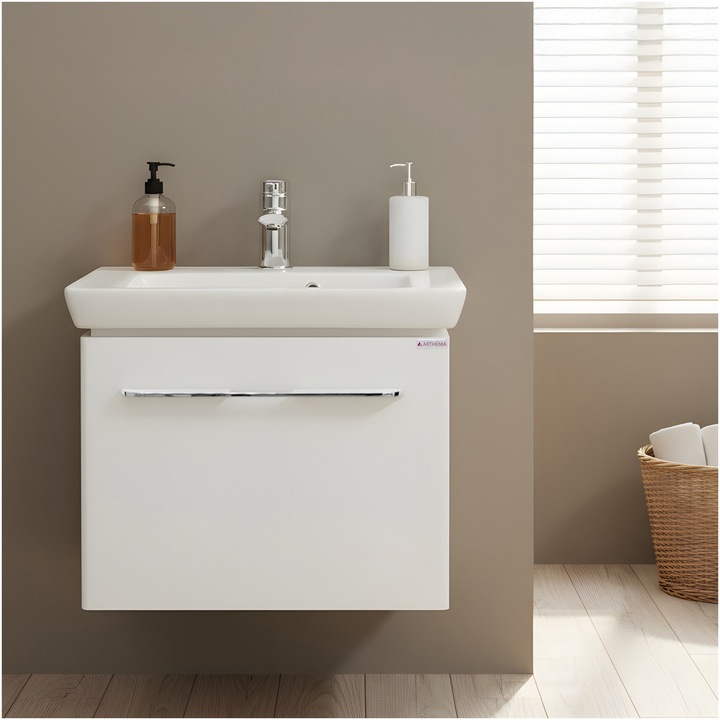 Mobilier baie cu lavoar ceramica Arthema Porto 65 cm, sertar front MDF, glisiere metalice soft-close cu extractie totala, maner metalic cromat, asamblat, 65.5x38x57 cm, cappuccino lucios