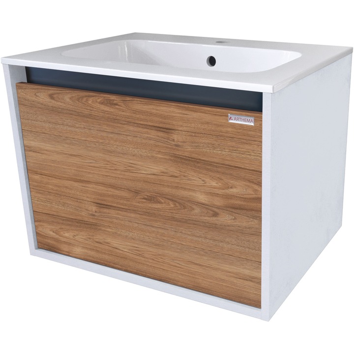 Mobilier baie cu lavoar compozit Arthema Modulo 60 cm, Pal hidrofugat, sertare metalice si extractie totala, glisiere slim soft close, asamblat, 60x46x45.5 cm, baza alb/front inalt stejar DR1