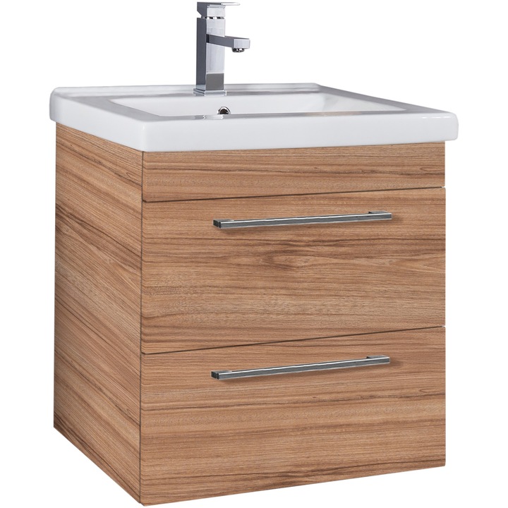 Mobilier baie cu lavoar ceramica Arthema Neo 55 cm, baza cu 2 sertare, Pal glisiere metalice ultra slim cu extractie totala, manere metalice cromate, asamblat, 55x45x66 cm, stejar DR1