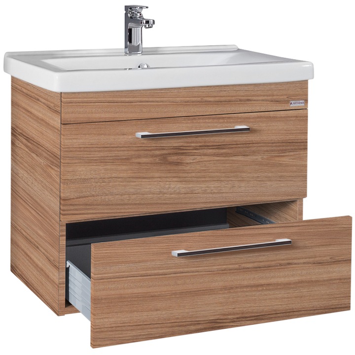 Mobilier baie cu lavoar ceramica Arthema Neo 65 cm, baza cu 2 sertare, Pal, glisiere metalice ultra slim cu extractie totala, manere metalice cromate, asamblat, 65x45x66 cm, stejar DR1
